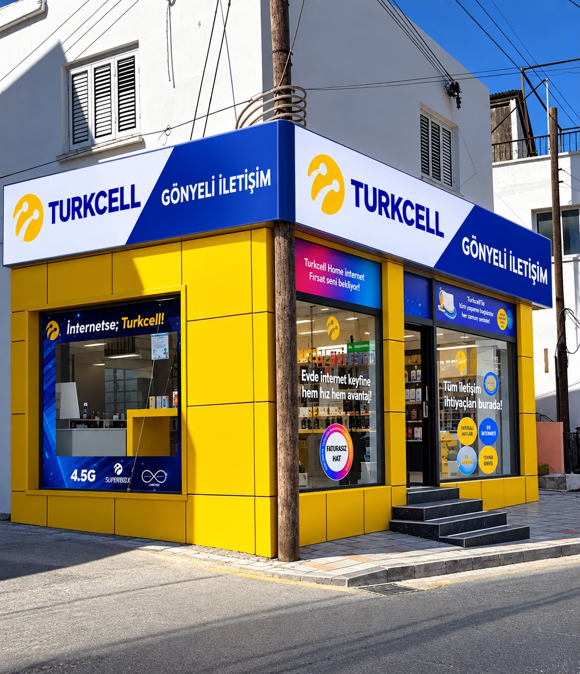 Gönyeli İletişim’in sarı ve mavi cepheli mağazası ve girişi